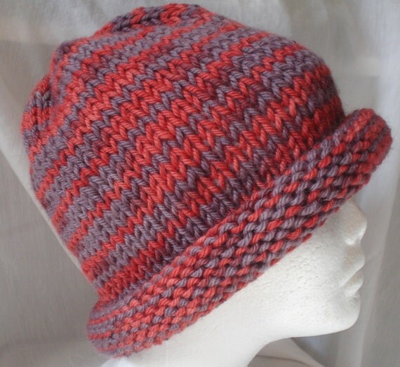 Hand Knit Hat Red Multi Roll Brim Adult Teens Tweens Men Women