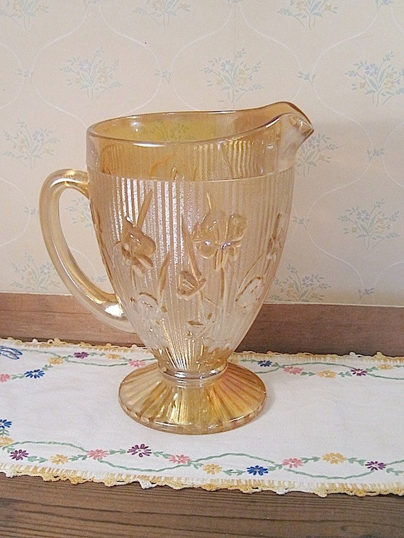 Iridescent Iris and Herringbone Depression Glass Pitcher