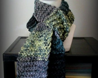 Black deep green gray hand knit acrylic scarf