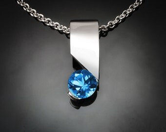blue topaz necklace, Swiss blue topaz, modern necklace, December birthstone, Argentium silver, tension set - 3460