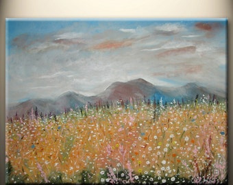 art acrylic painting original, office home decor, wall art, clouds mountain flowers, 18x24inch stretched canvas, ready to hang