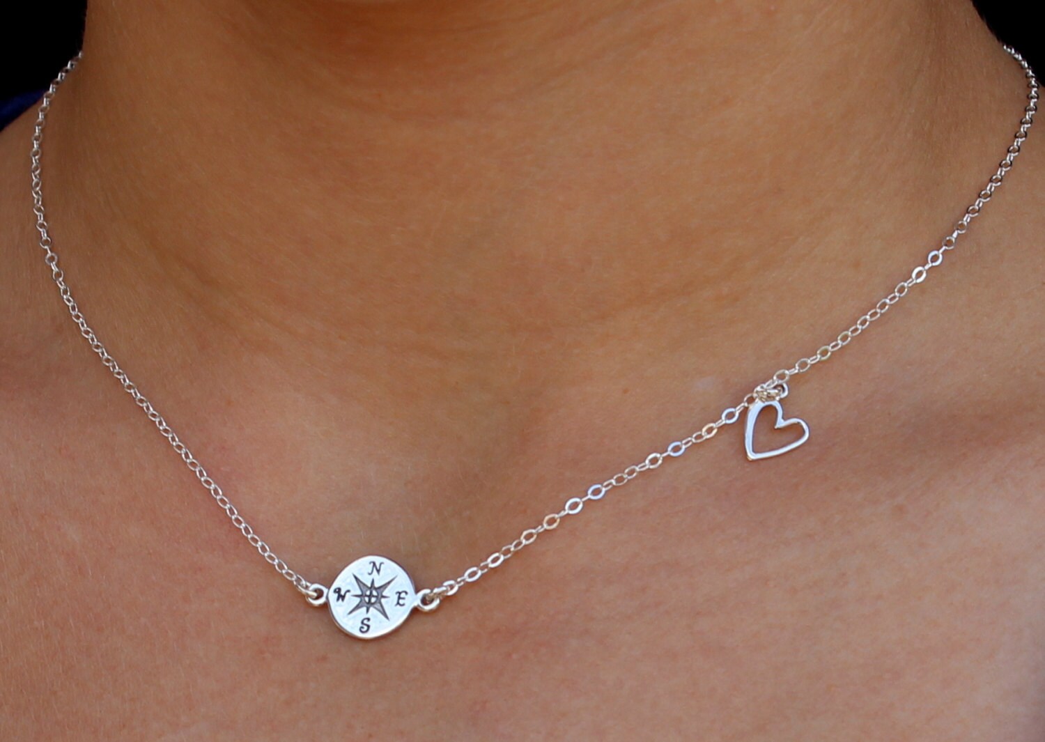 Compass and Heart Necklace Sterling Silver Compass Necklace