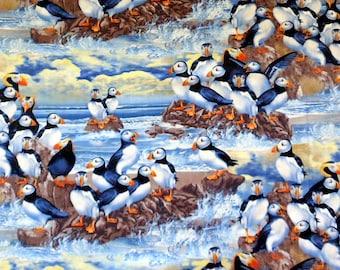 Three quarter yard Puffins Cotton Fabric Cotton Material , Timeless Treasures