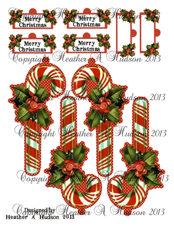 Vintage Classic Candy Cane  Christmas  tags Ornament  Digital Collage sheet Printable