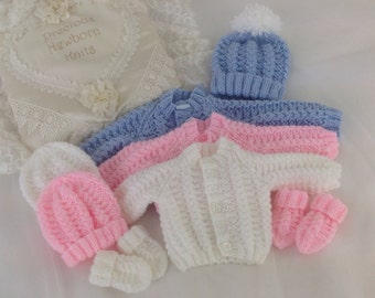 Baby Knitting Pattern Boys - Girls- Early Baby -Reborn Dolls - Sweater Set - Download PDF Cardigan - Hat & Mittens in 3 Sizes