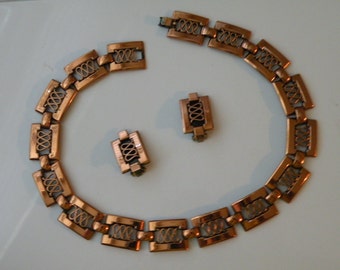 On Sale Renoir copper necklece, clip-on copper earrings. Set. 1950s
