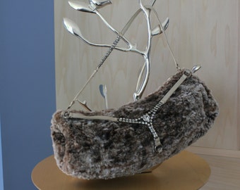 Beige Fur Handbag with Rhinestone Detail by La Maison de la Fausse Fourrure Paris