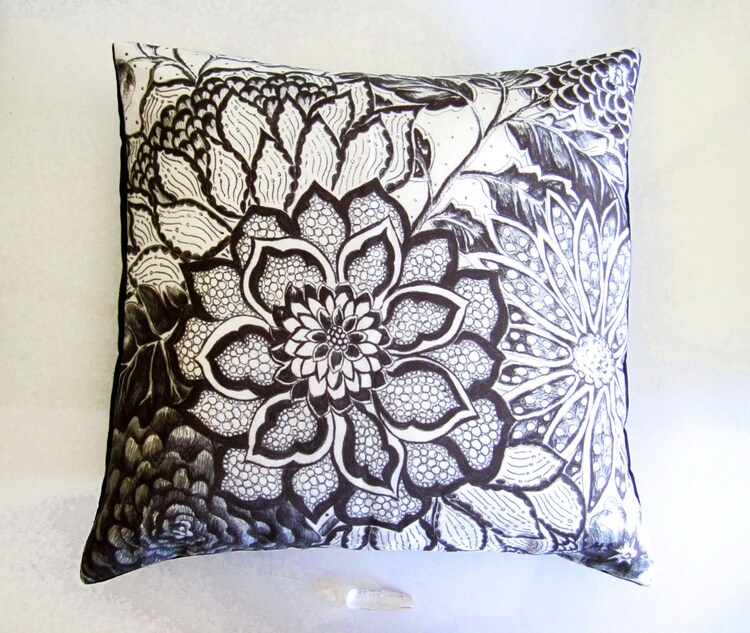 Floral Pillow Zen Garden Black and White 16x16 by Michelebuttons