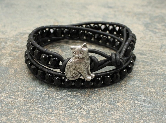 Silver and Black Cat Bracelet Double Leather by singingcatstudio