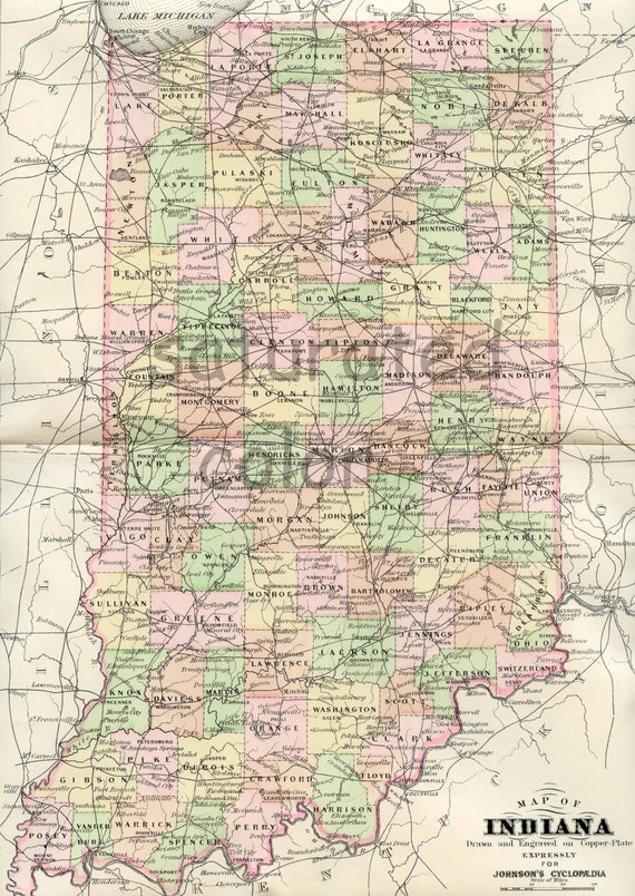 Indiana Map Original 1895 Antique Map of Indiana Vintage