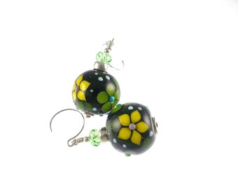 Black Lampwork Earrings, Glass Bead Earrings, Lampwork Jewelry, Yellow Flower Earrings, Beadwork Earrings, Green Glass Bead Jewelry