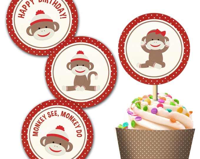 Sock Monkey Cupcake Topper and Wrap Set - DIY - Print Your Own