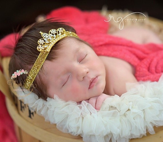 Baby Crown Headband,Tiara Headband, Baby Tiara,Gold tiara headband,Newborn Headband, Christening Headband,Hair bows, Gold Crown Headband. by ThinkPinkBows