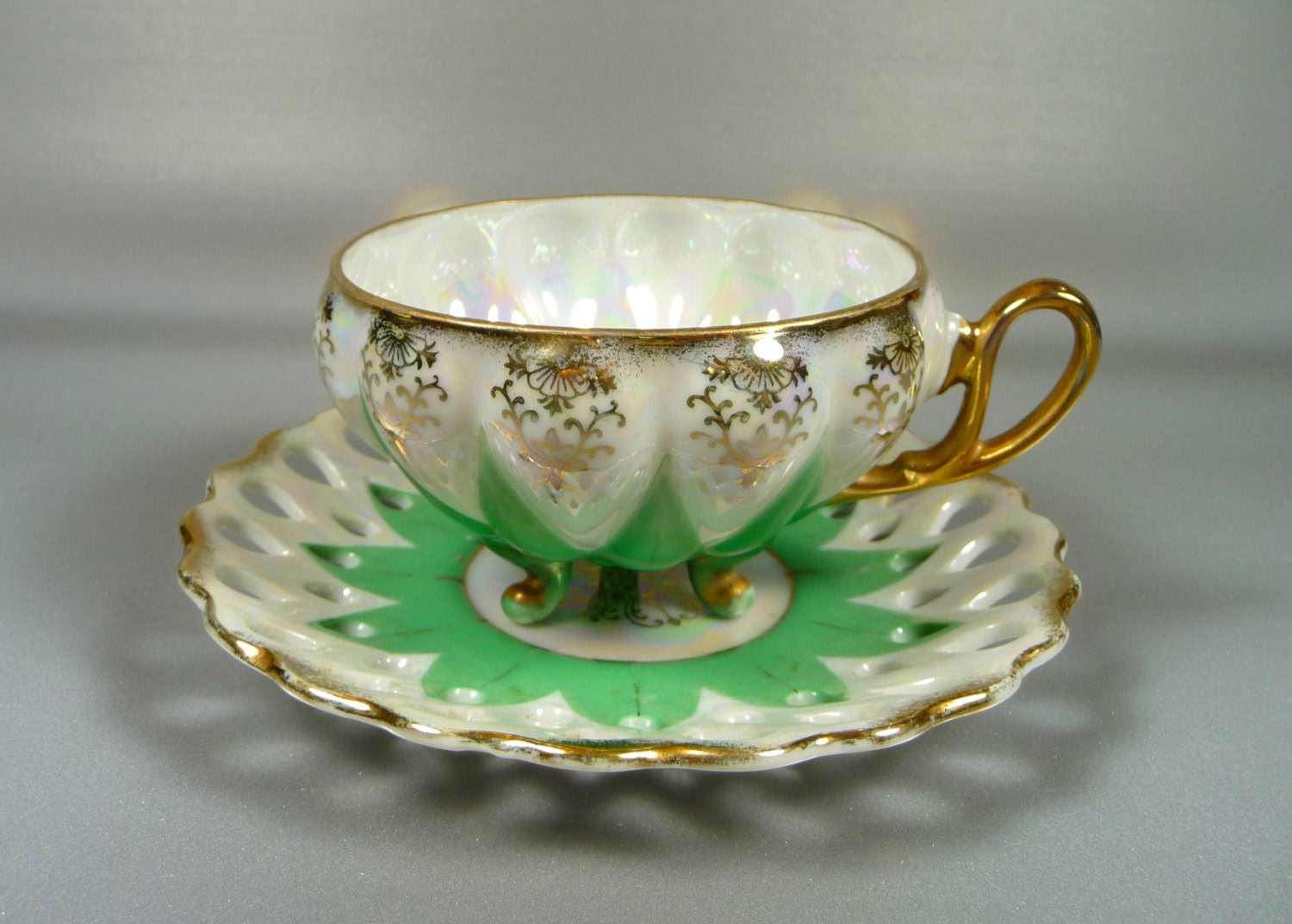Vintage Tea Cup and Saucer Ucagco Footed Cup Reticulated by meaicp