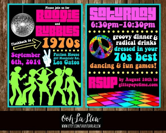 Neon 70s Disco Themed Party Invitation Double Sided by OohLaLlew