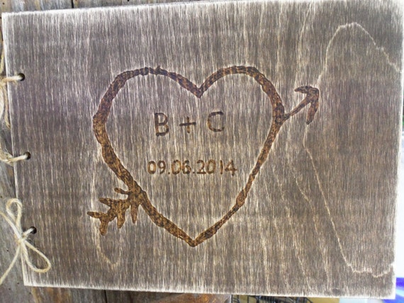 Guest Book sign Carved  rustic Wedding  with Rustic Guest Sign in Heart guest  Hand In book   Book