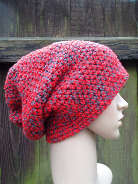 grey and red crochet beanie , slouch hat winter hat, slouchy beanies