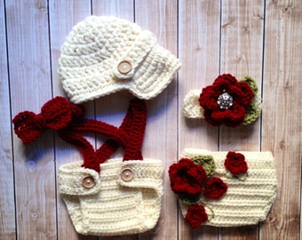 Twin Photography Prop Set in Ecru, Cranberry and Olive Green Available in 4 Sizes- MADE TO ORDER