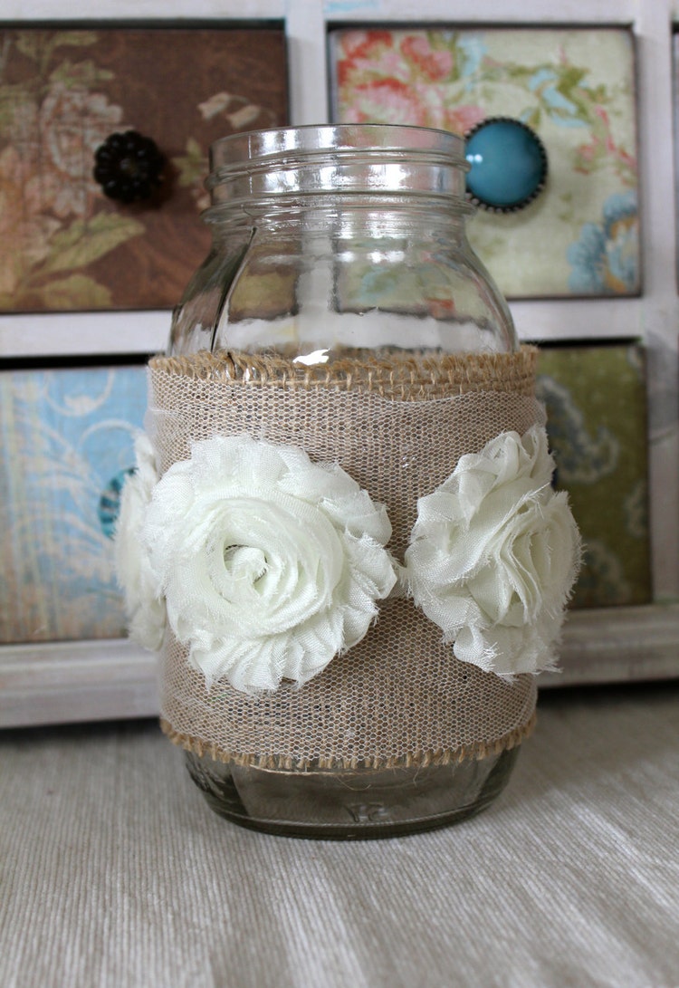 Burlap & Lace Vintage Mason Jar Centerpiece by JacquelynVaccaro