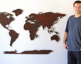 World Map Metal wall art - 60" wide X 36" tall - 5 separate pieces - shown in the Rust Patina - Choose you color :)