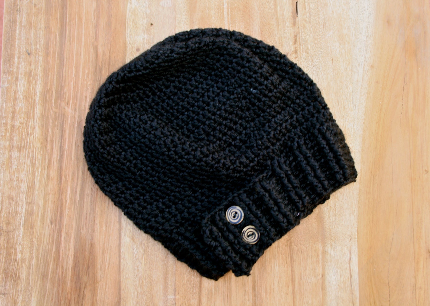 Black Crocheted Slouch Hat with Buttons