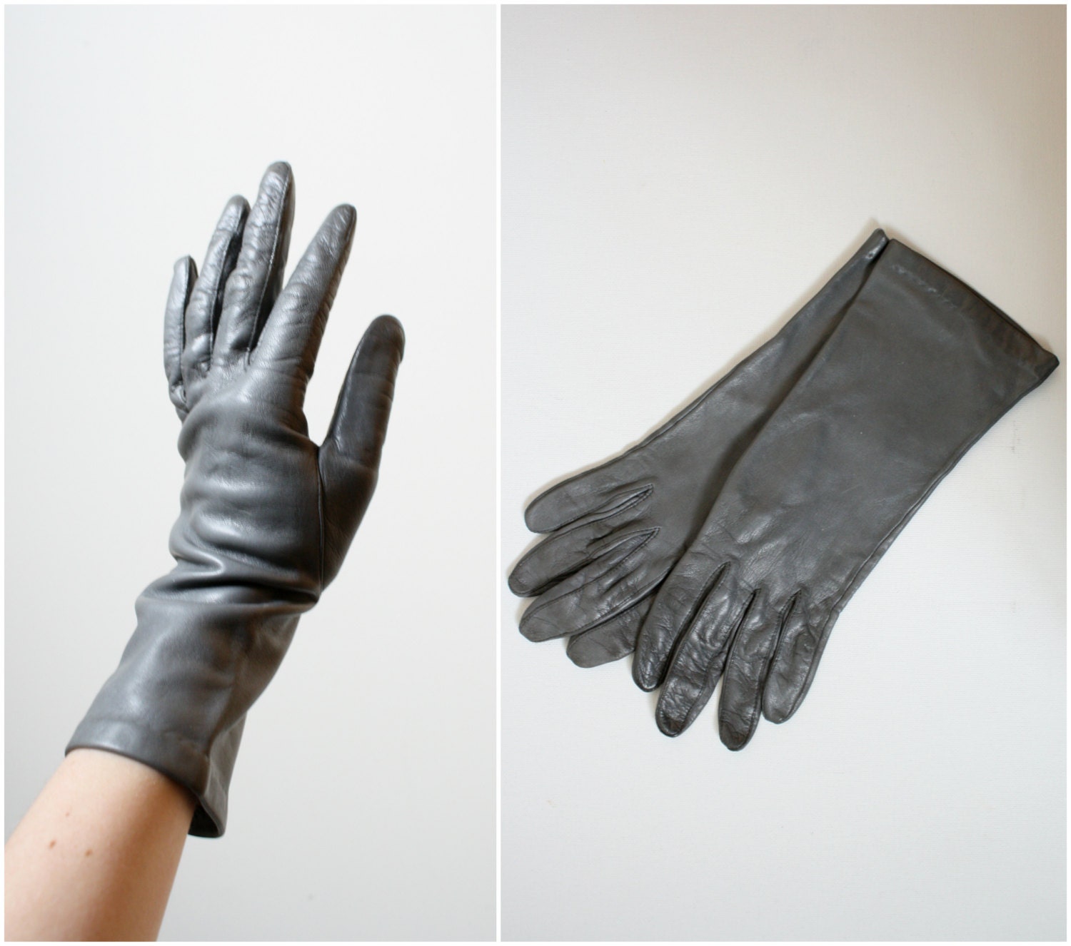 1970s Aris Dove Gray Leather Driving Gloves - long driving gloves - Womens XS 6.5