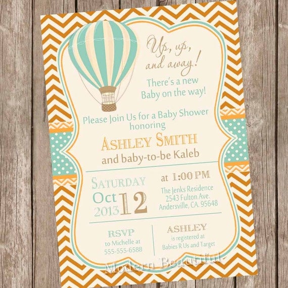 Hot Air Balloon Baby Shower Invitation, up up and away, chevron, baby ...