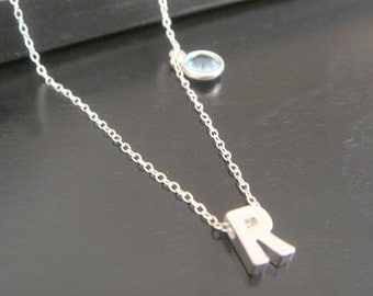 Double-Sided Sterling Silver Tiny Single Letter Initial and birtstone Necklace Bridal Bridesmaids Birthday Christmas Initial Letter Necklace