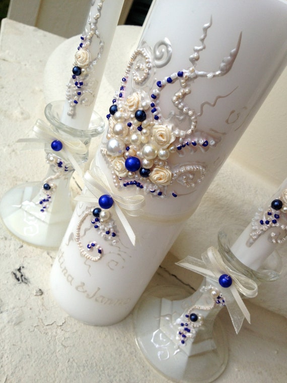 Custom personalized Wedding unity candle set in ivory and navy