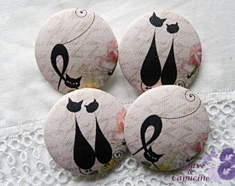4 fabric buttons, cats, 1.57 in / 40 mm