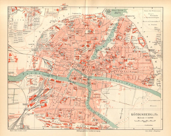 1905 Original Antique City Map of Königsberg Today