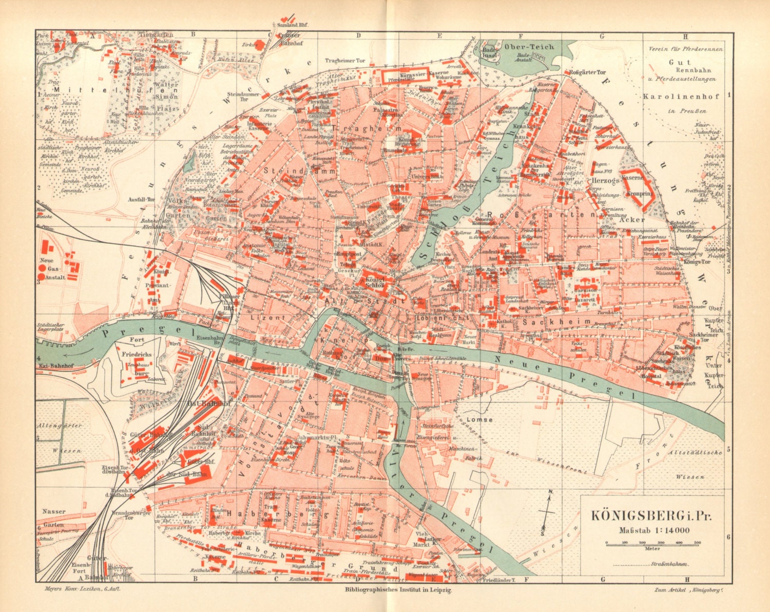 1905 Original Antique City Map of Königsberg Today