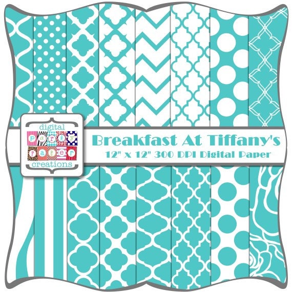 Digital Paper Pack - Tiffany Blue Quatrefoil Ogee Dots Digital Scrapbook Paper INSTANT DOWNLOAD Il_570xn