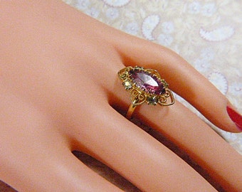 Vintage Victorian Style Gold Filigree and Pink Rhinestone Ring - Size Adjustable - R-437