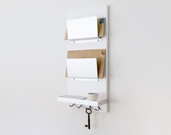 MODERN MAIL ORGANIZER: White Wall Mount, iPhone wallet key organization, home office entry chic organization unit