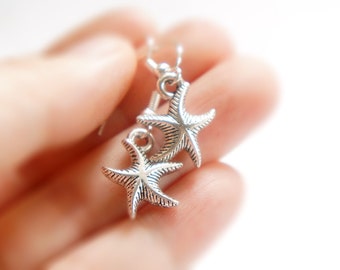Vintage Style Antiqued Silver Dangle Starfish Earrings - C0017