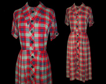 Vintage 1950s Dress . Mod Rockabilly Couture Plaid Femme Fatale Garden Party Mad Man New Look Vintage