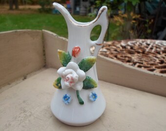 Vintage 1940s Porcelain Occupied Japan Miniature Pitcher Gold Trim Flowers Tiny Mini Deco
