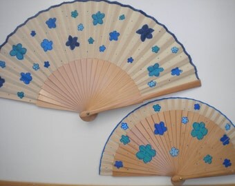 Blue Floral Natural Wood Hand Painted SIZE OPTIONS Wooden Hand Fans by Kate Dengra Spain