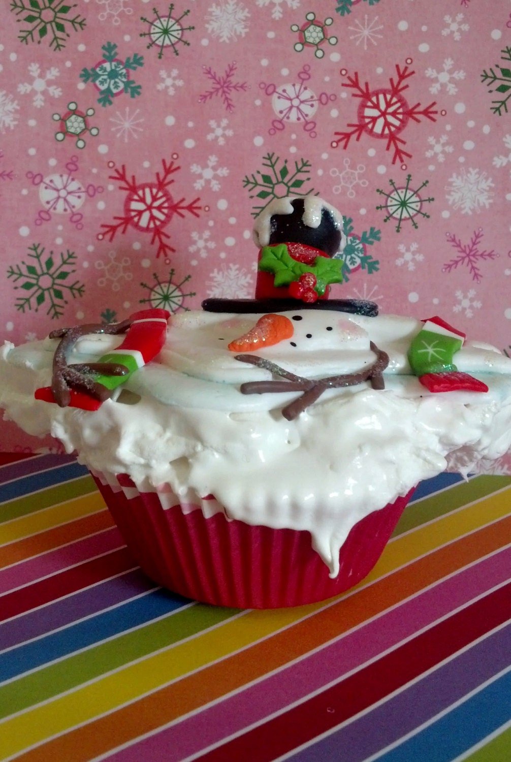 Melting Snowman Fake Cupcake Photo Prop, Shop Displays, Home Accents, Christmas Party Decorations, Tree Ornaments, Original Cupcake Designs