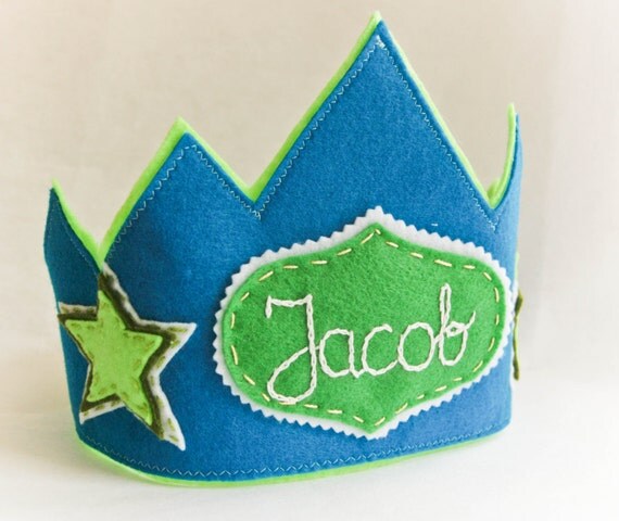 Personalized Birthday Party Felt Crown- Blue, Green Star Design, Photo Prop Il_570xn