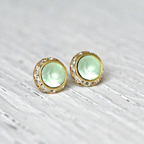 Mint Green Stud Earrings Swarovski Crystal Frosted by MASHUGANA