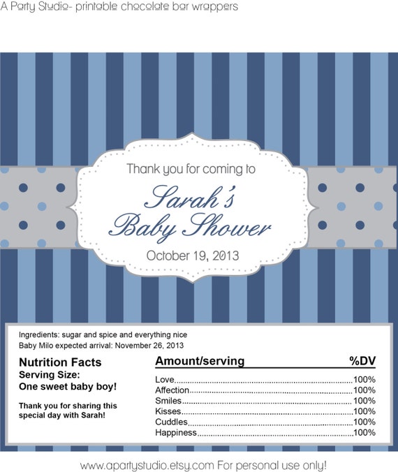 Boy Baby Shower in Medium Blue and Gray Chocolate Bar Wrappers for favors or candy buffet- print your own Il_570xn