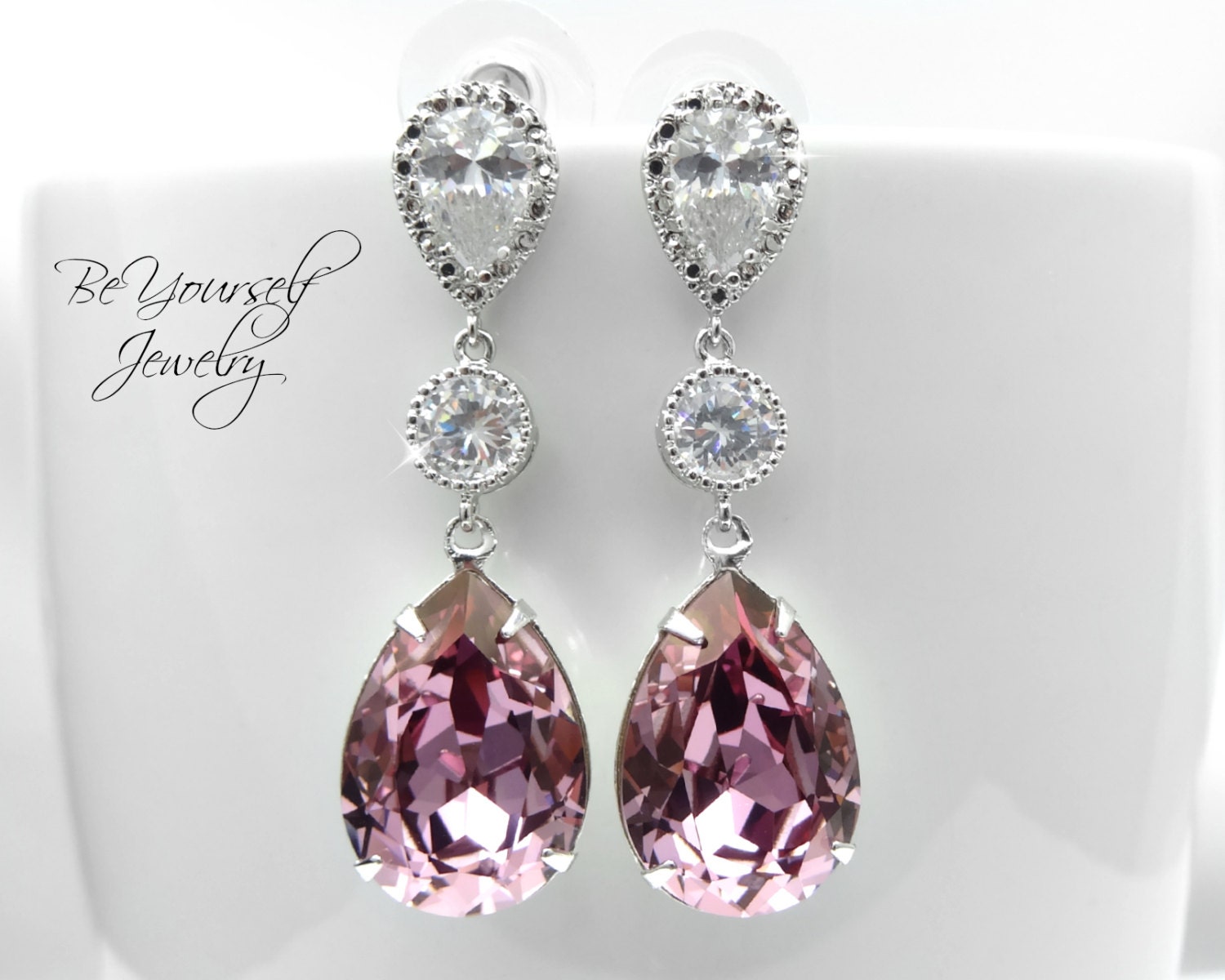 Mauve Teardrop Bridal Earring Swarovski Crystal Antique Pink