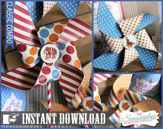 Vintage Circus Pinwheels - INSTANT DOWNLOAD - Classic Combo Printable Birthday Party Decorations by Sassaby Il_570xn