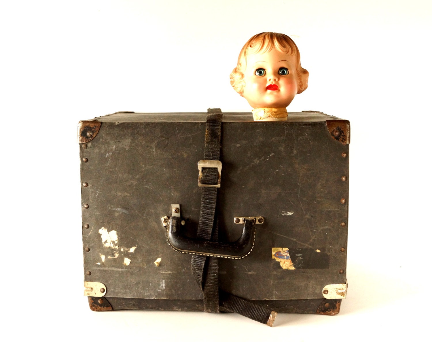 Vintage Black Shipping Box / Storage Box with Canvas Strap and Handle