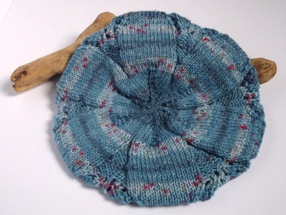 Hand knitted self patterning blue or denim Tam / Beret . Adult