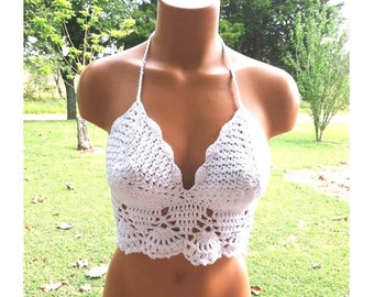 Crochet Top Summer Top White Crop Top Beautiful Boho Festival Halter Crochet Shirt by Vikni Designs