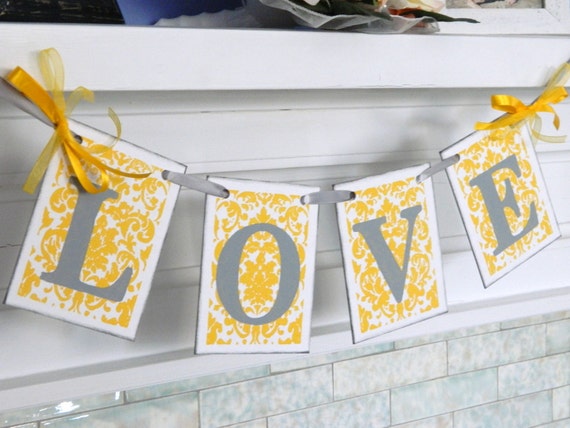 Damask Gray and Yellow LOVE Wedding Garland Bridal Shower Decorations Photo Prop Reception Decor You Pick the Colors