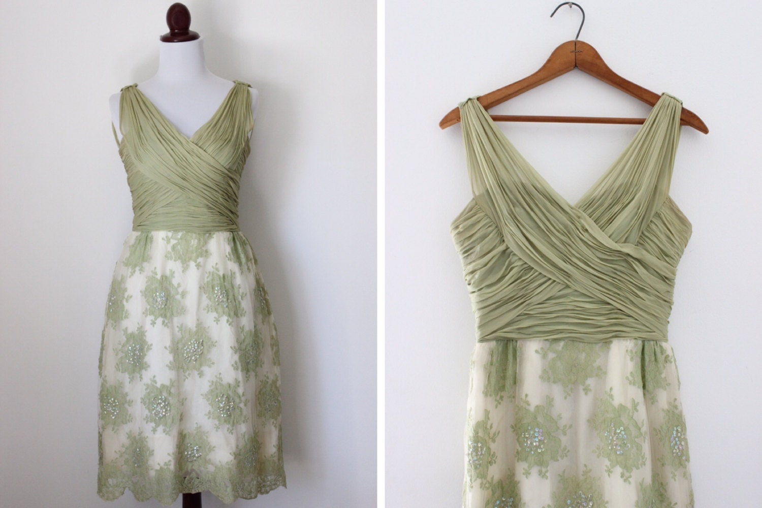 1950s Sage  Green  Draped Dress  Floral  Tulle by cocoandorange